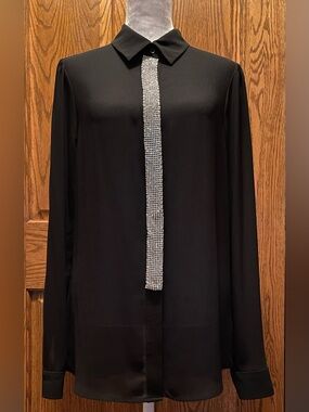 Michael Kors Sheer Black Blouse W/Clear Rhinestone Tie Detailing; Size Small